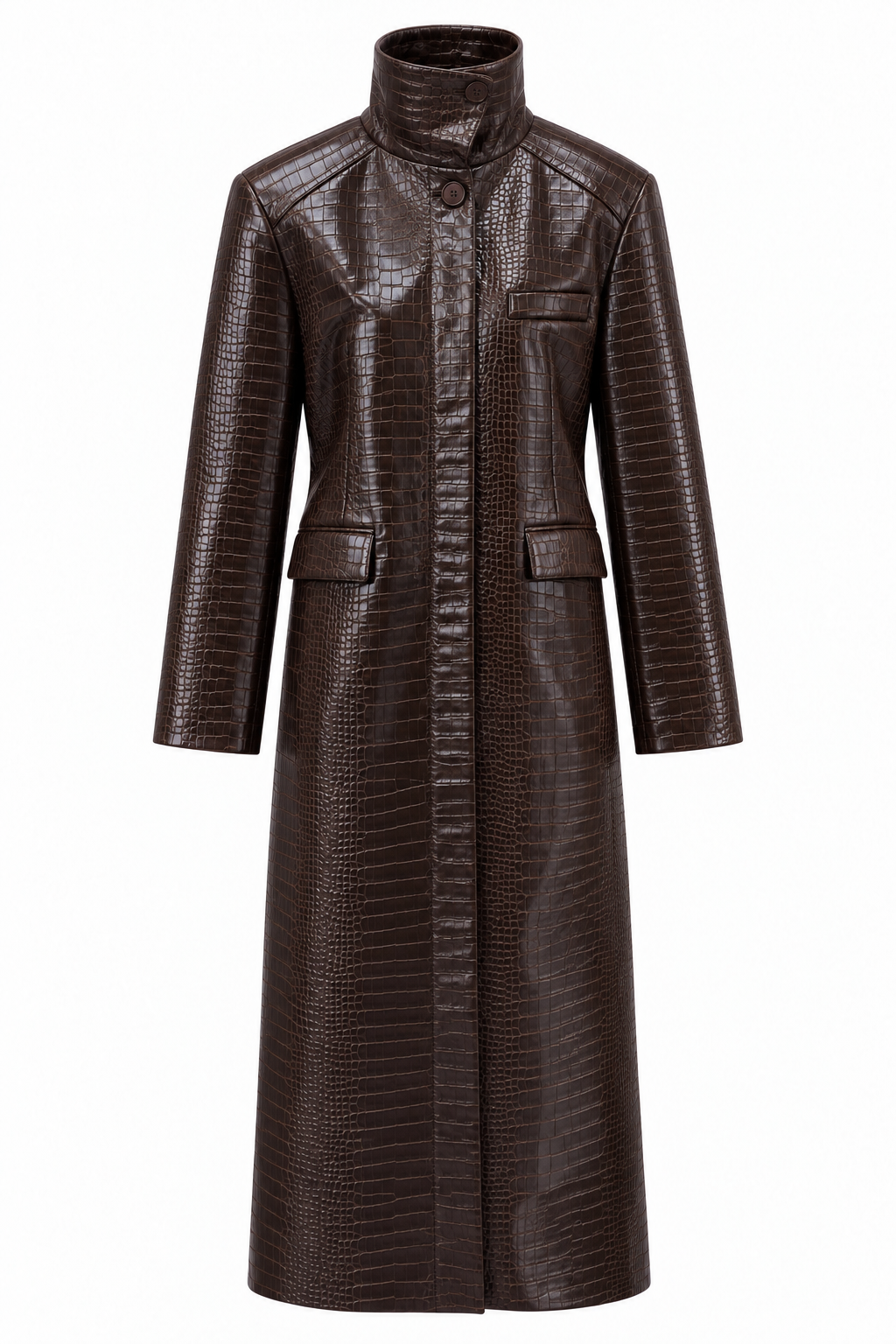 Dark Brown Croco Textured High Neck Leather Trench Coat — photograph 2
