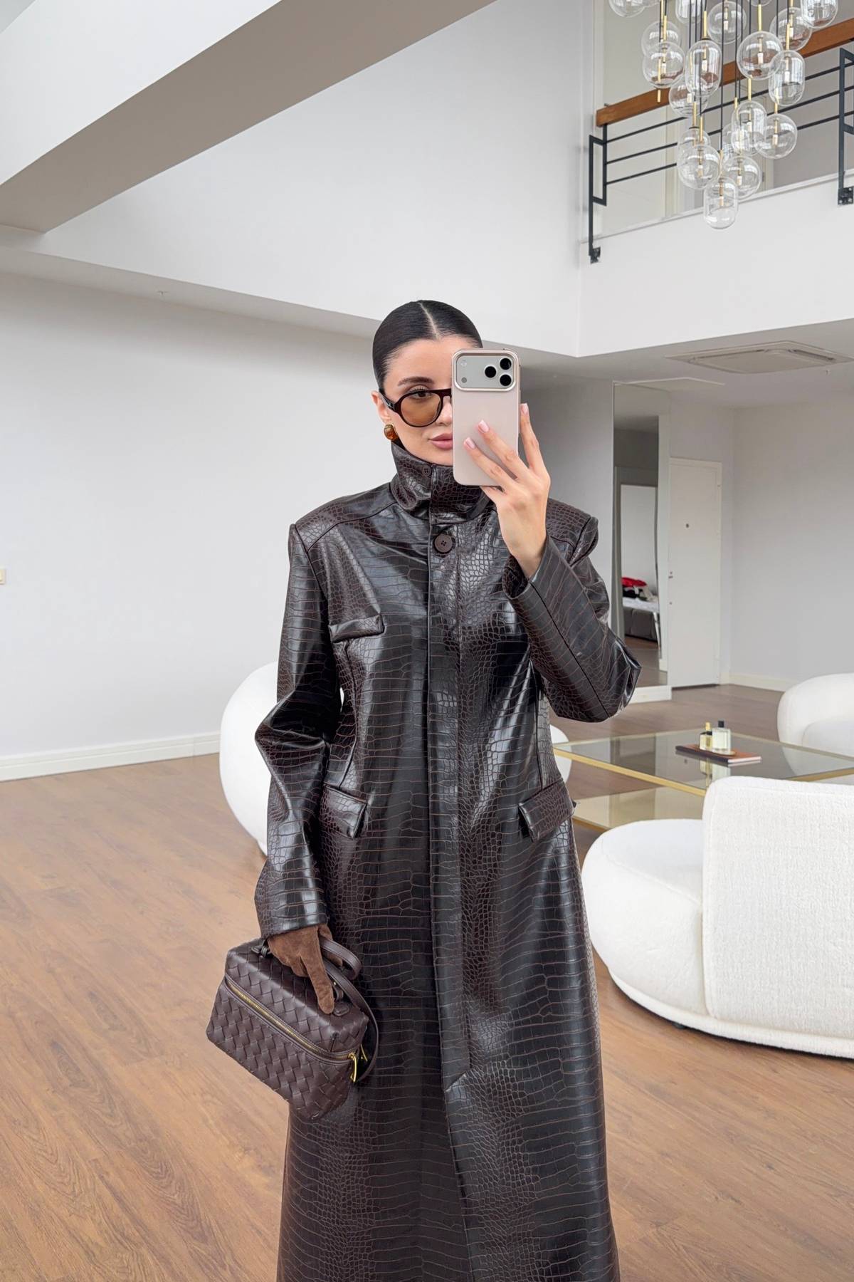 Croco Texture High Collar Leather Trench