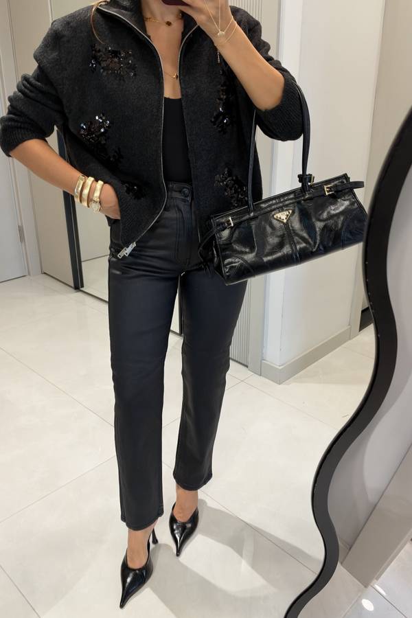 Senta Sequin Floral Embroidered Zip Knit Cardigan