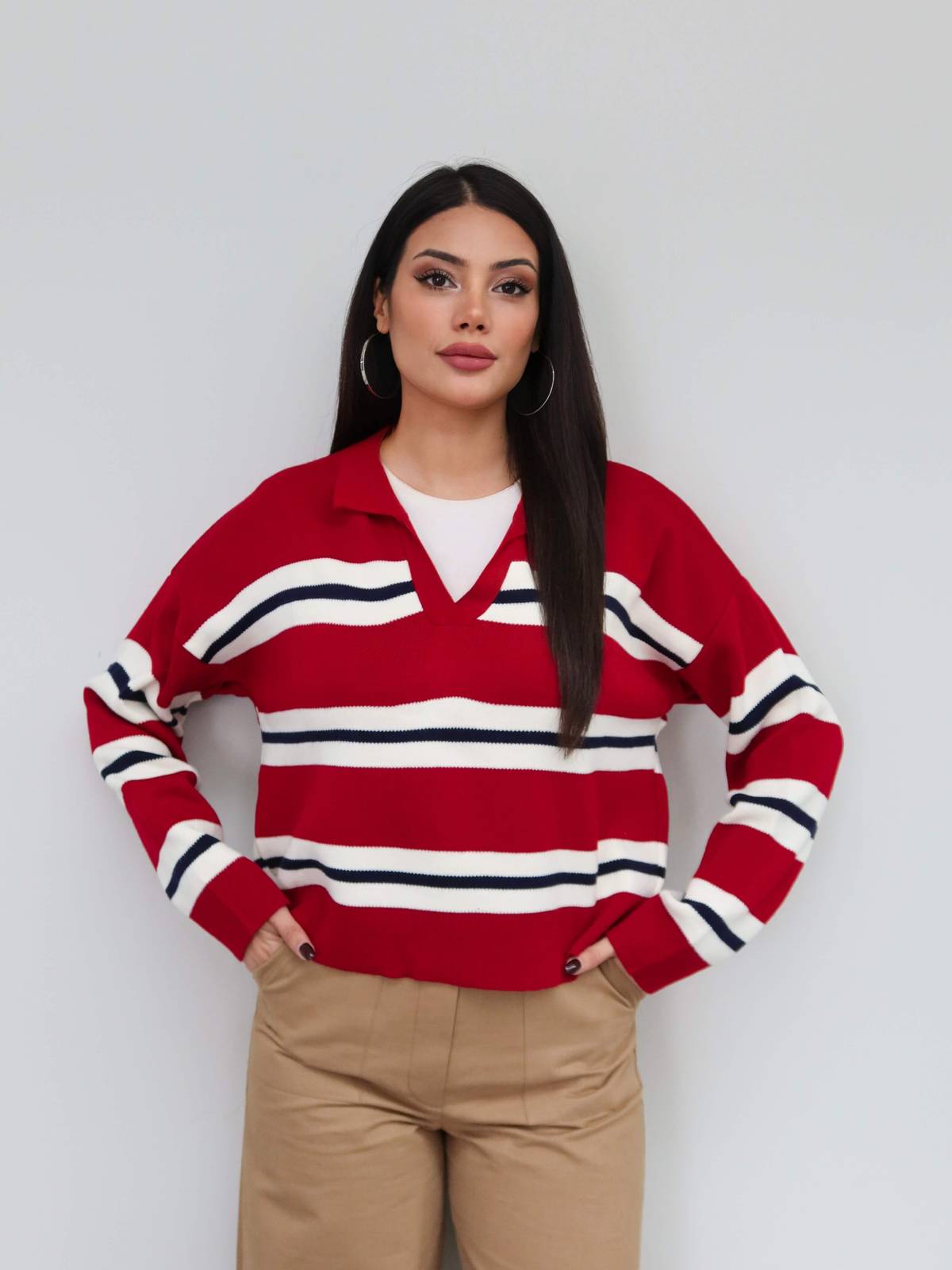 V Neck Striped Knit Jumper — photograph 2