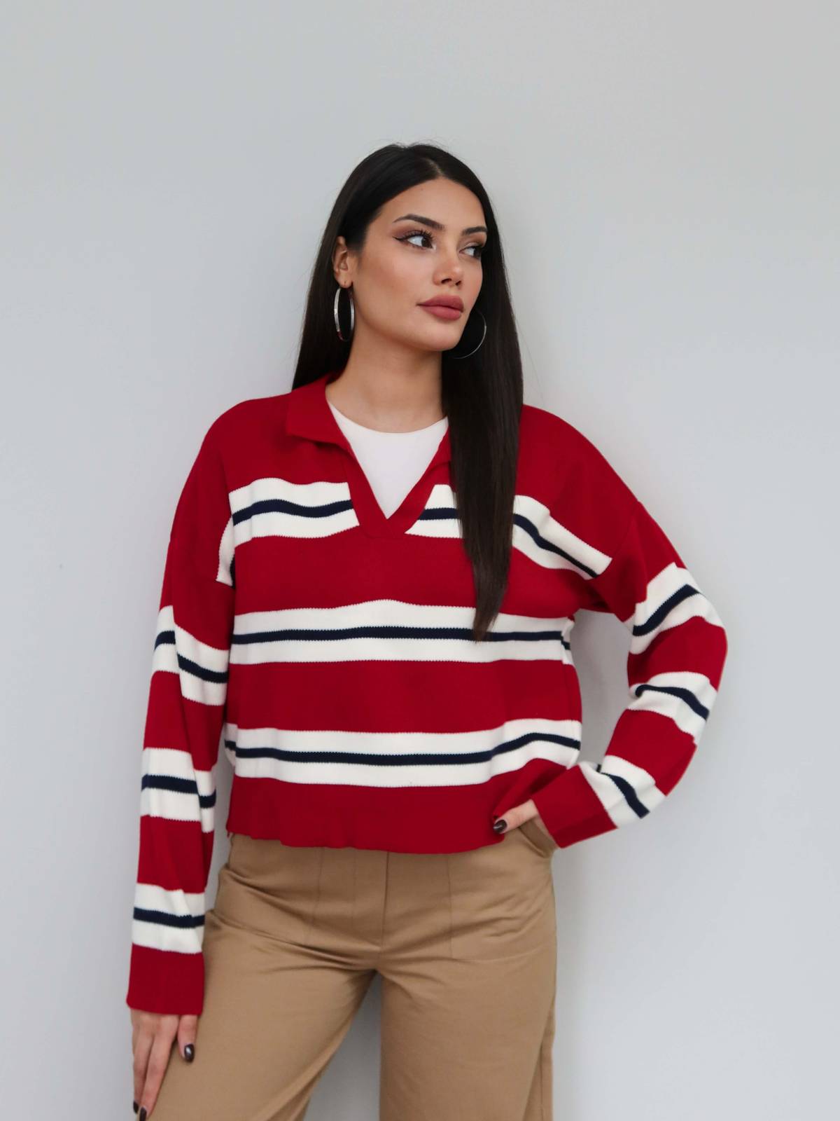 V Neck Striped Knit Jumper — photograph 4