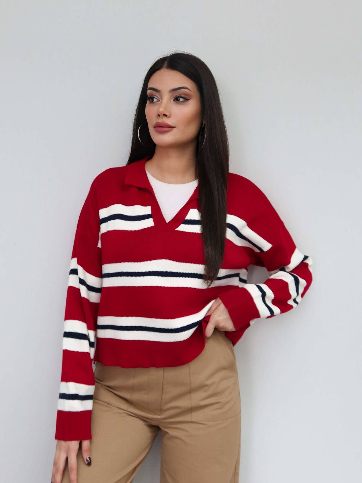 V Neck Striped Knit Jumper — photograph 1