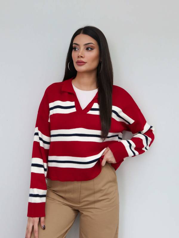 V Neck Striped Knit Jumper