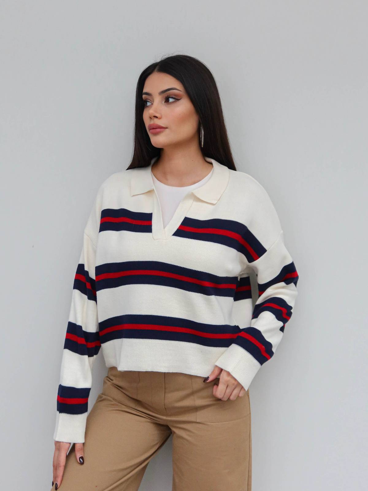 V Neck Striped Knit Jumper — photograph 3