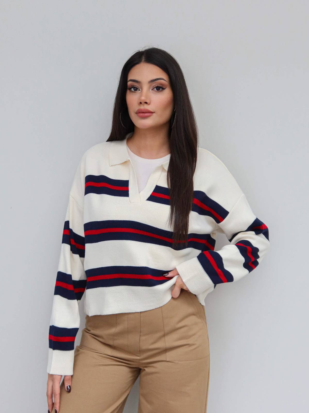 V Neck Striped Knit Jumper — photograph 1