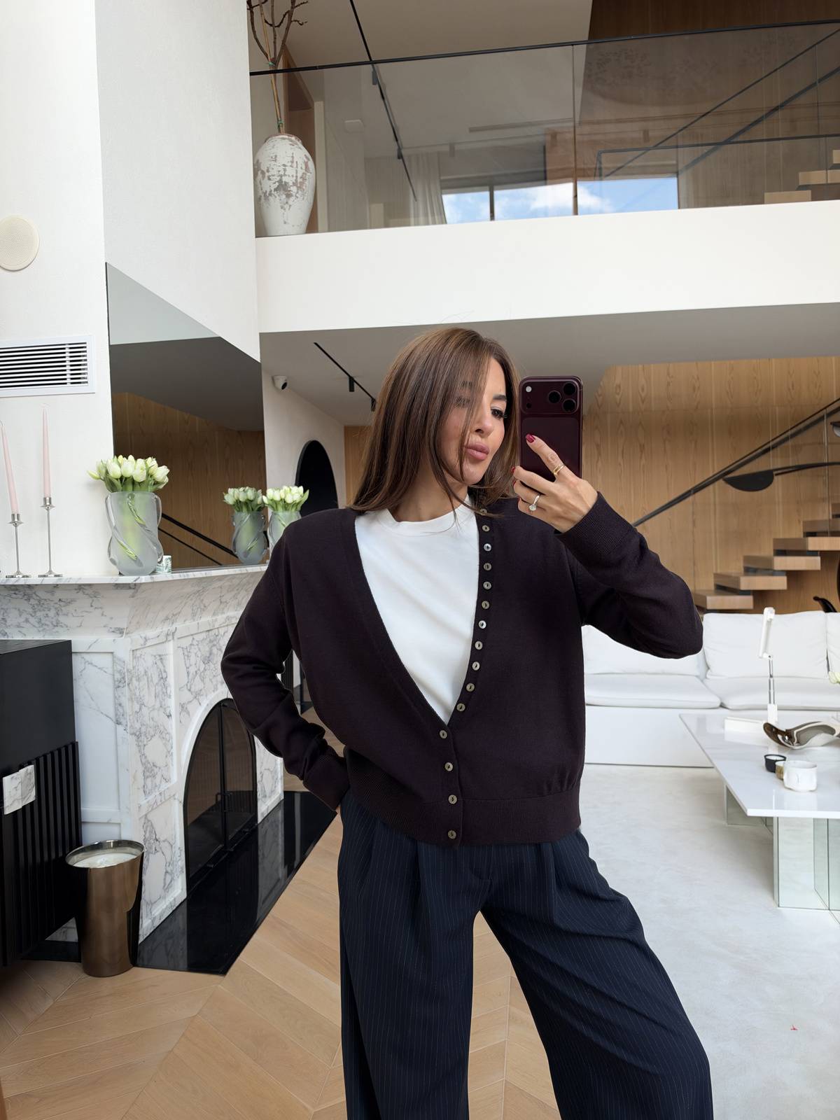 V Neck Button Detail Basic Cardigan