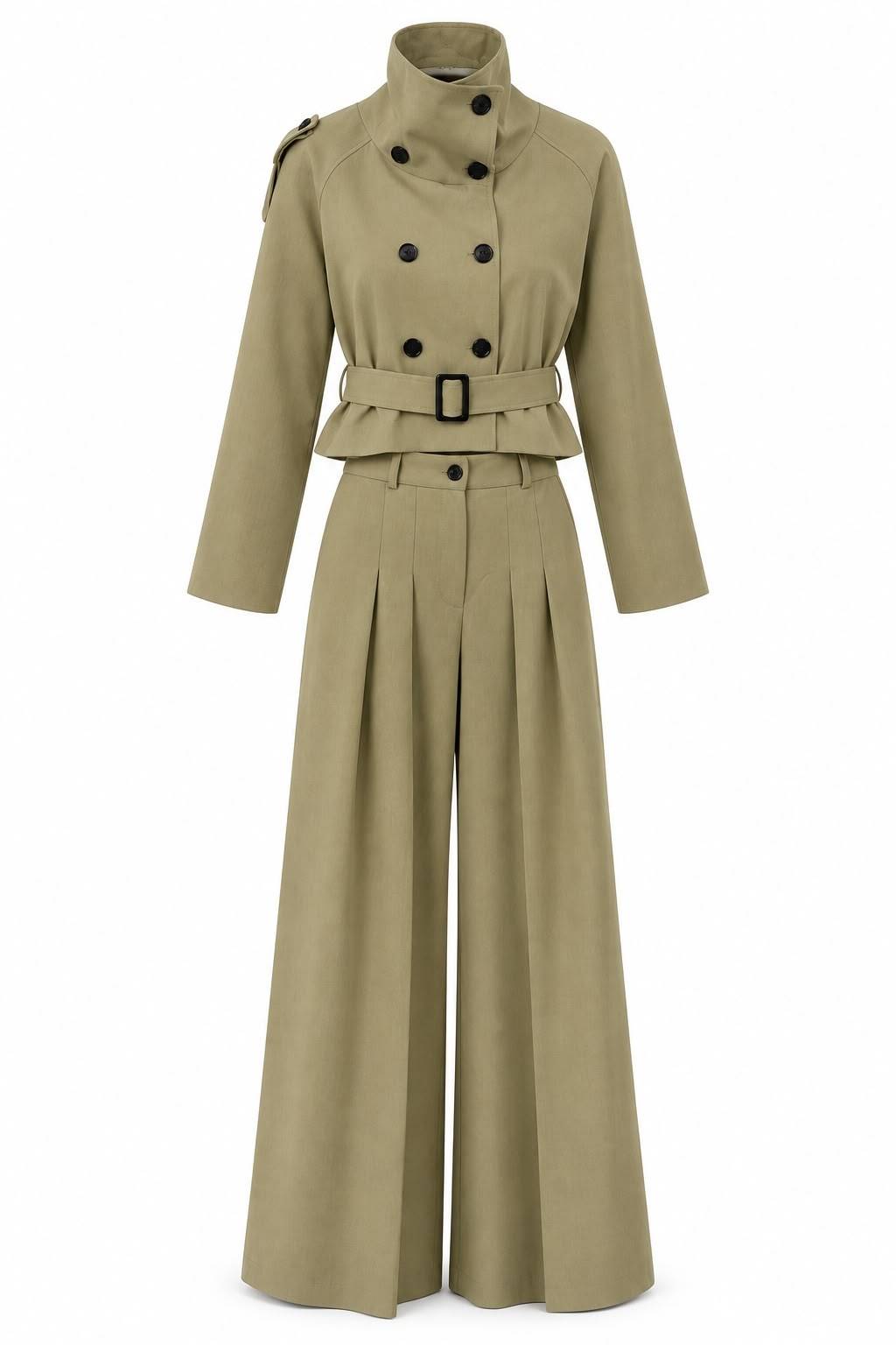 Light Khaki High Neck Sashed Trench Coat Trousers Two-Piece Set