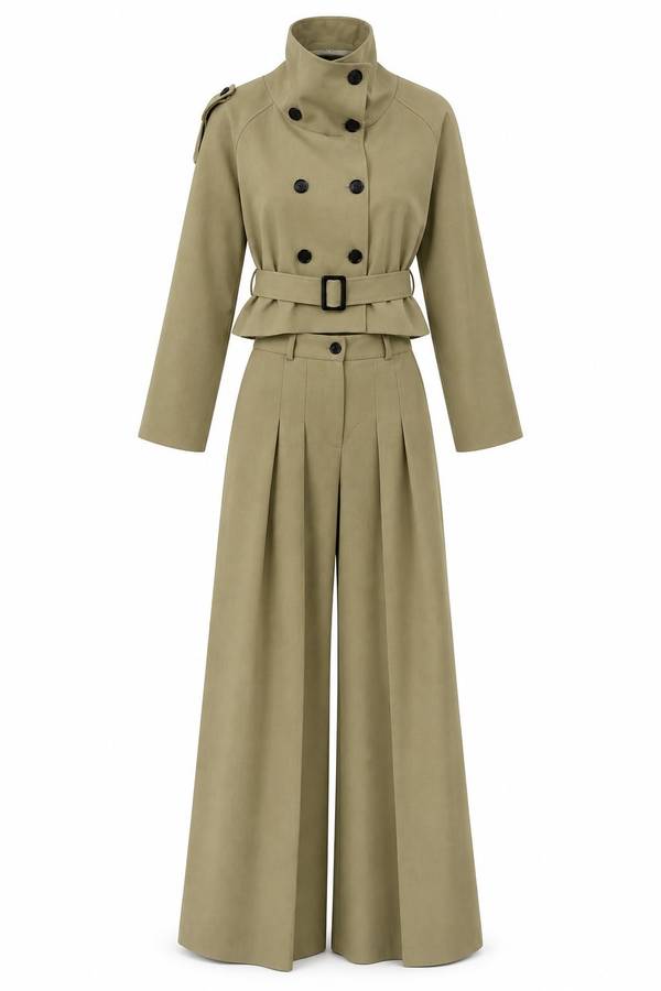Light Khaki High Neck Sashed Trench Coat Trousers Two-Piece Set