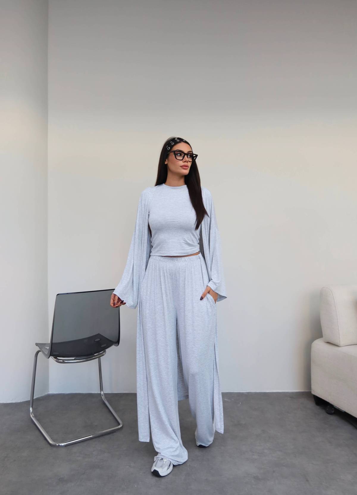 Long Cardigan Relaxed Three Piece Set — photograph 1