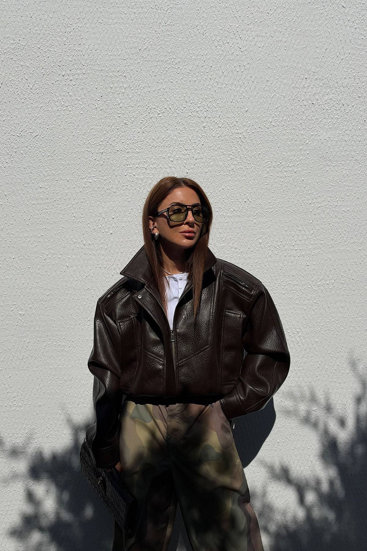 Elasticated Waist High Neck Leather Jacket