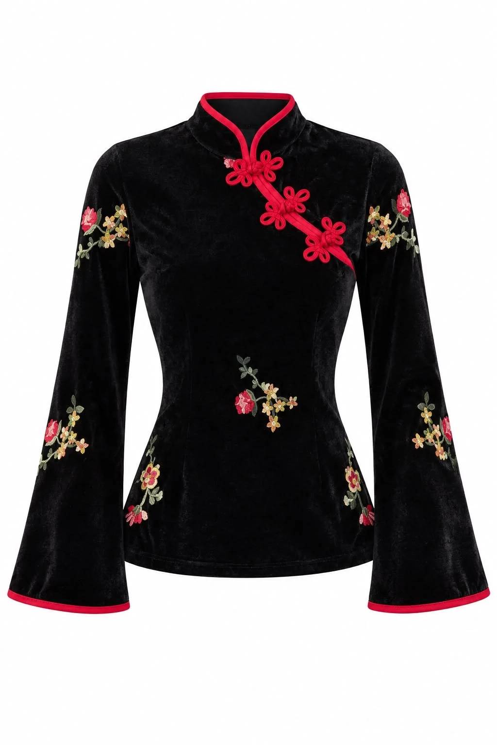 Flared Sleeve Embroidered Velvet Blouse — photograph 2