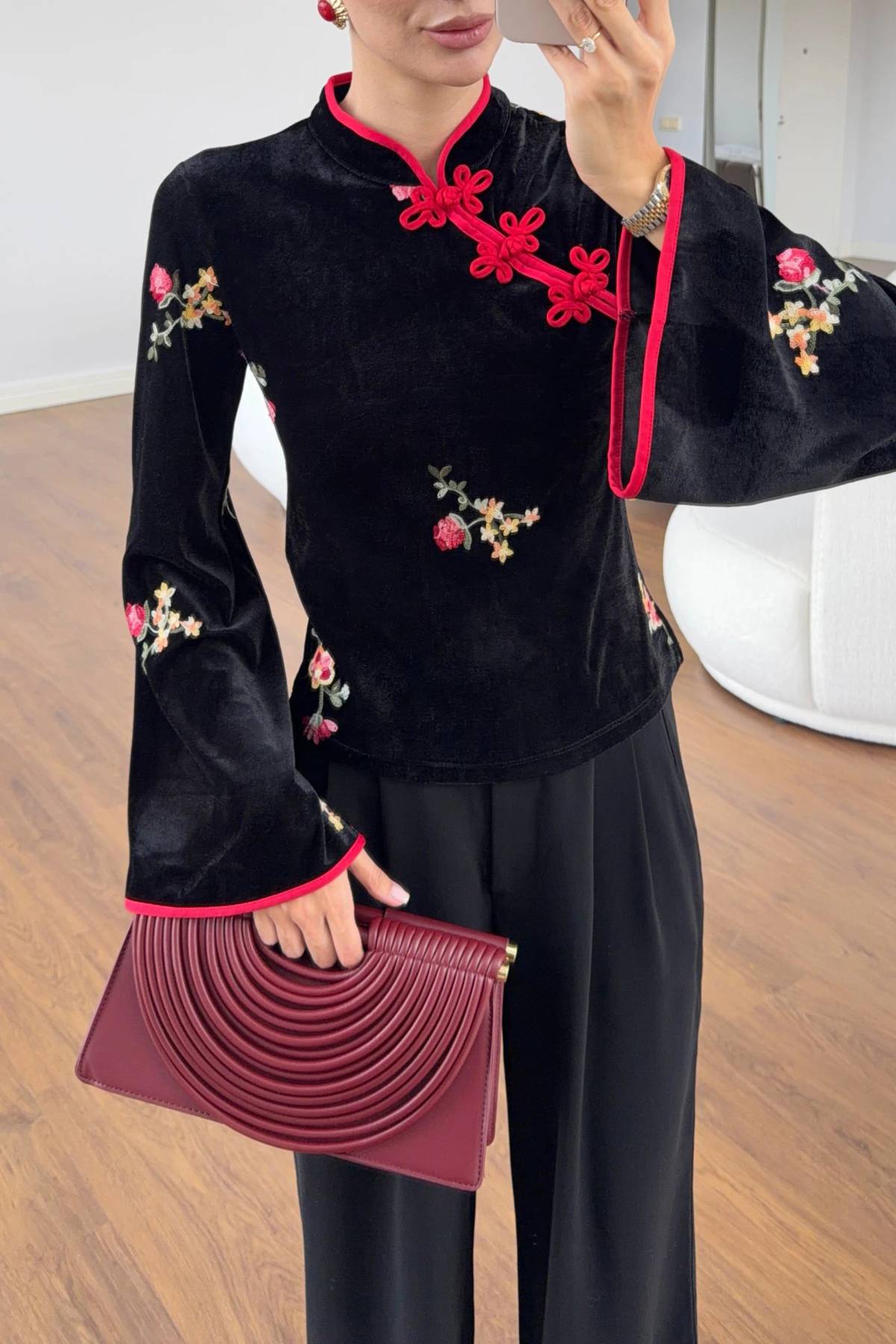 Flared Sleeve Embroidered Velvet Blouse — photograph 3