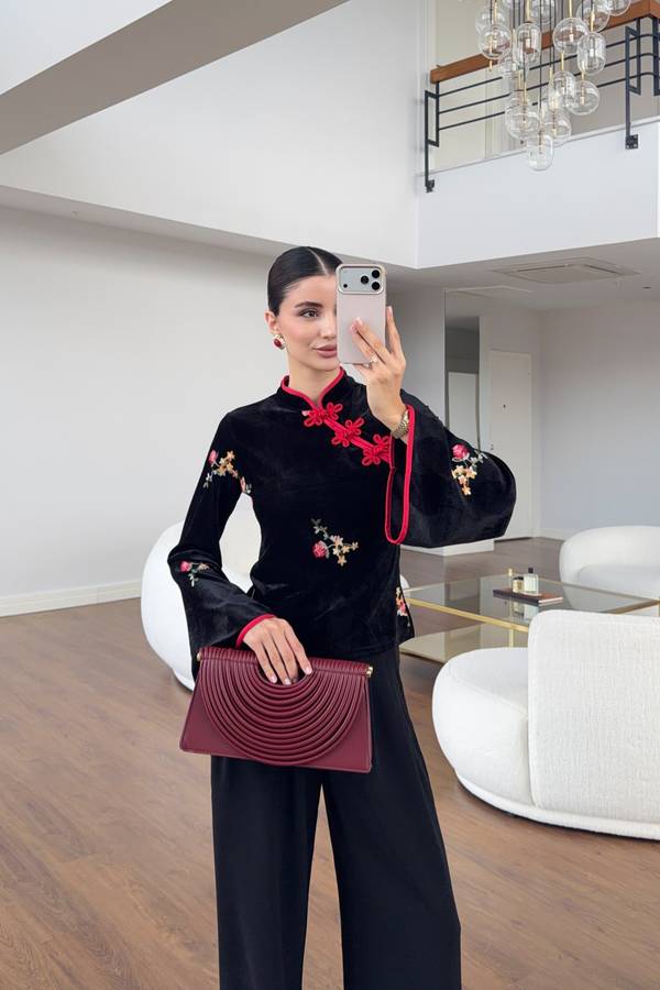 Flared Sleeve Embroidered Velvet Blouse