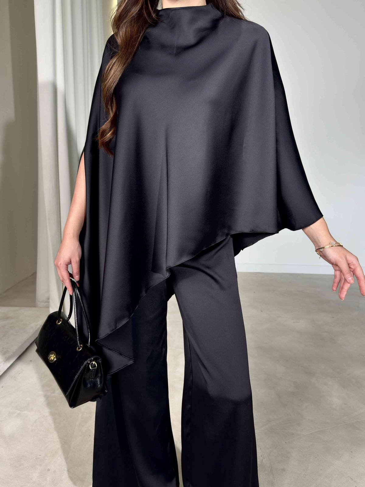 Asymmetric Poncho Blouse Satin Carlo Two Piece Set