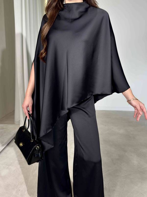 Asymmetric Poncho Blouse Satin Carlo Two Piece Set