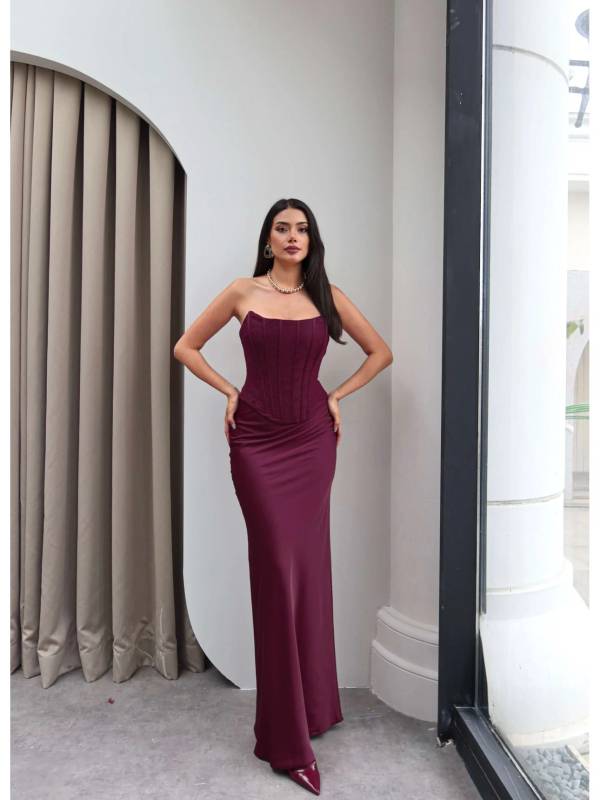 Strapless Korseli Satin Long Dress