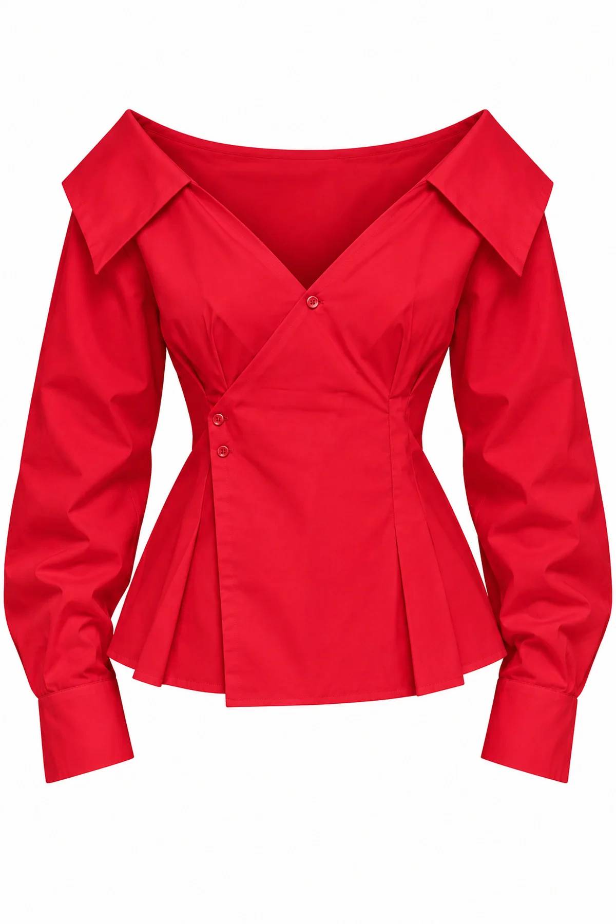 Button Pleat Detail Red Poplin Shirt