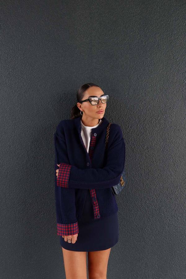 Plaid Panel Sleeve Wool Cardigan