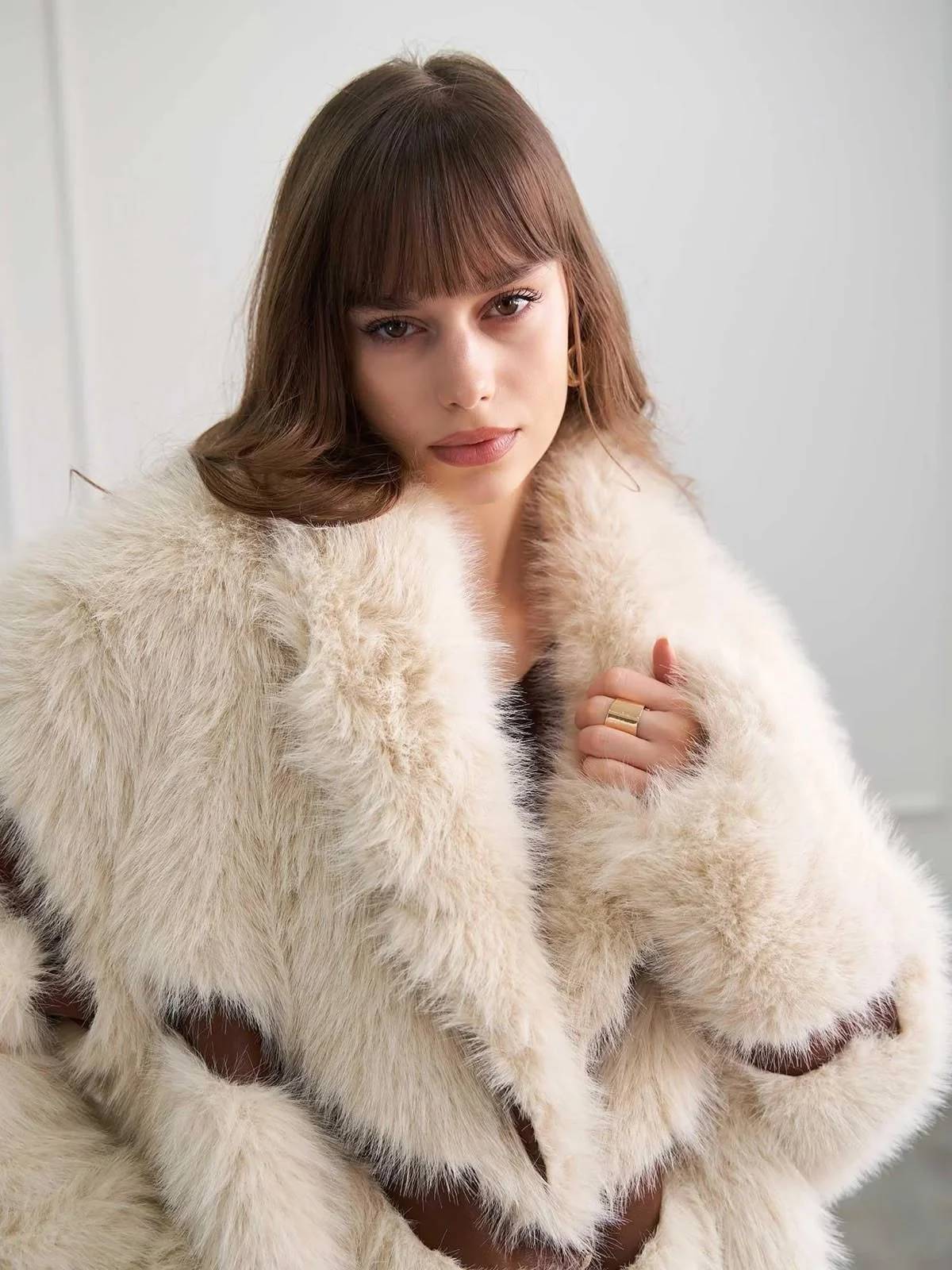 Long Leather Trim Fur Coat — photograph 3