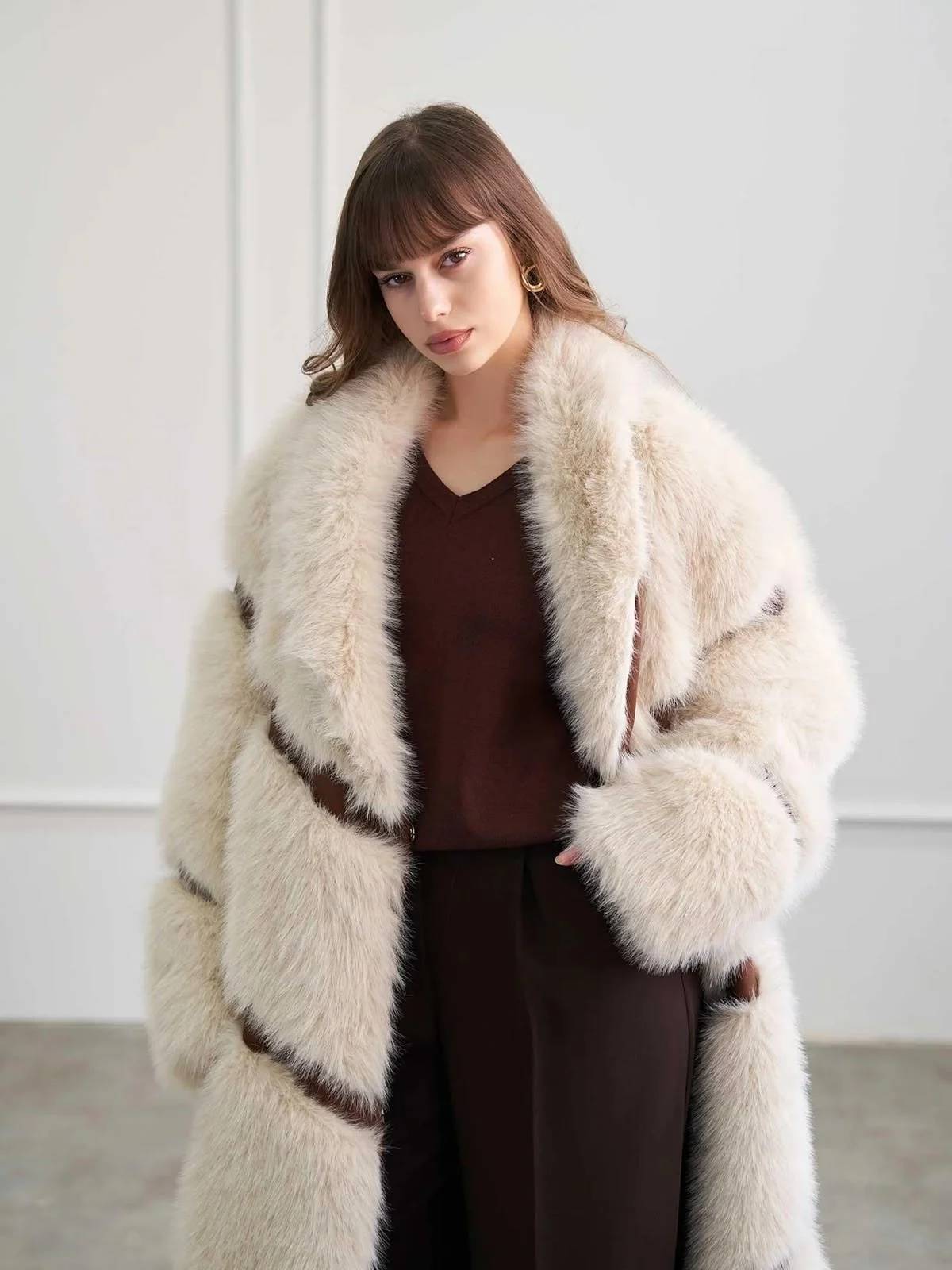 Long Leather Trim Fur Coat — photograph 4