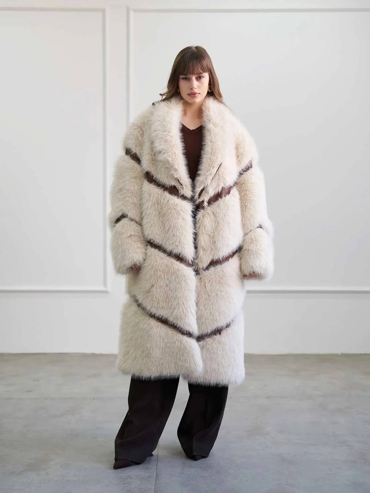 Long Leather Trim Fur Coat — photograph 1