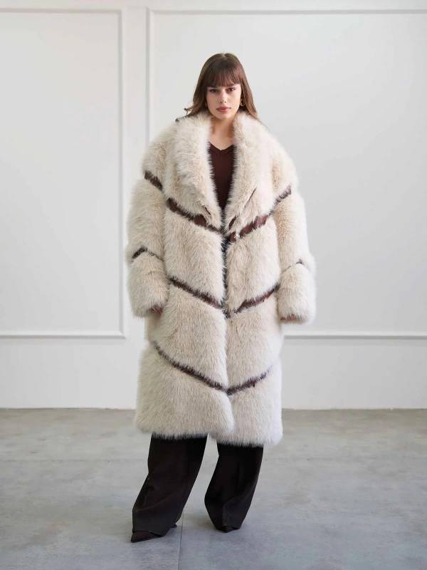 Long Leather Trim Fur Coat