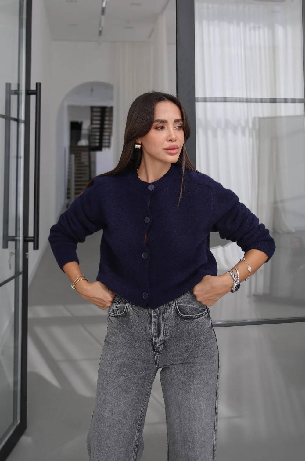 Navy Ilya Textured Knit Cardigan — photograph 2