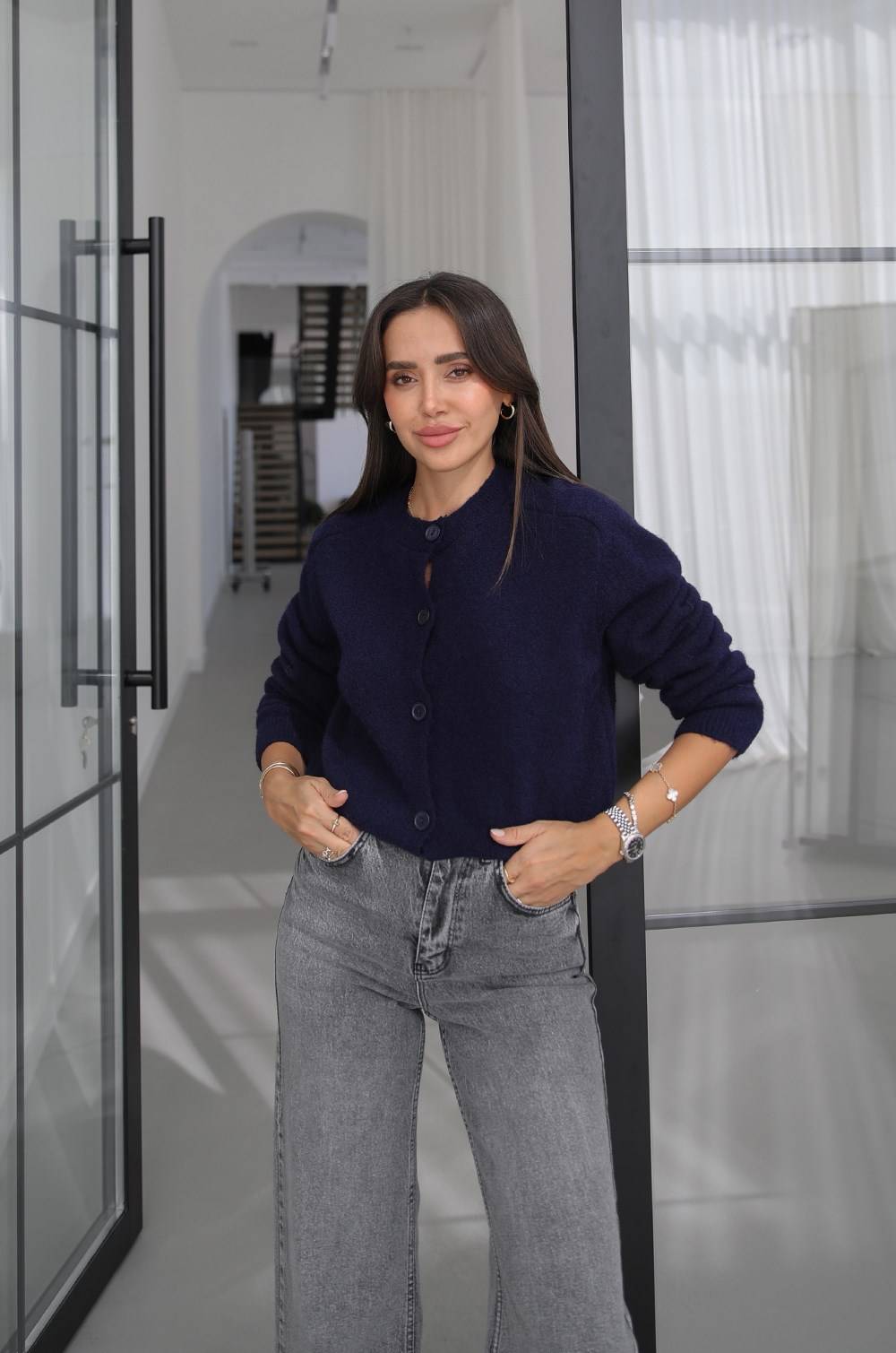 Navy Ilya Textured Knit Cardigan — photograph 3