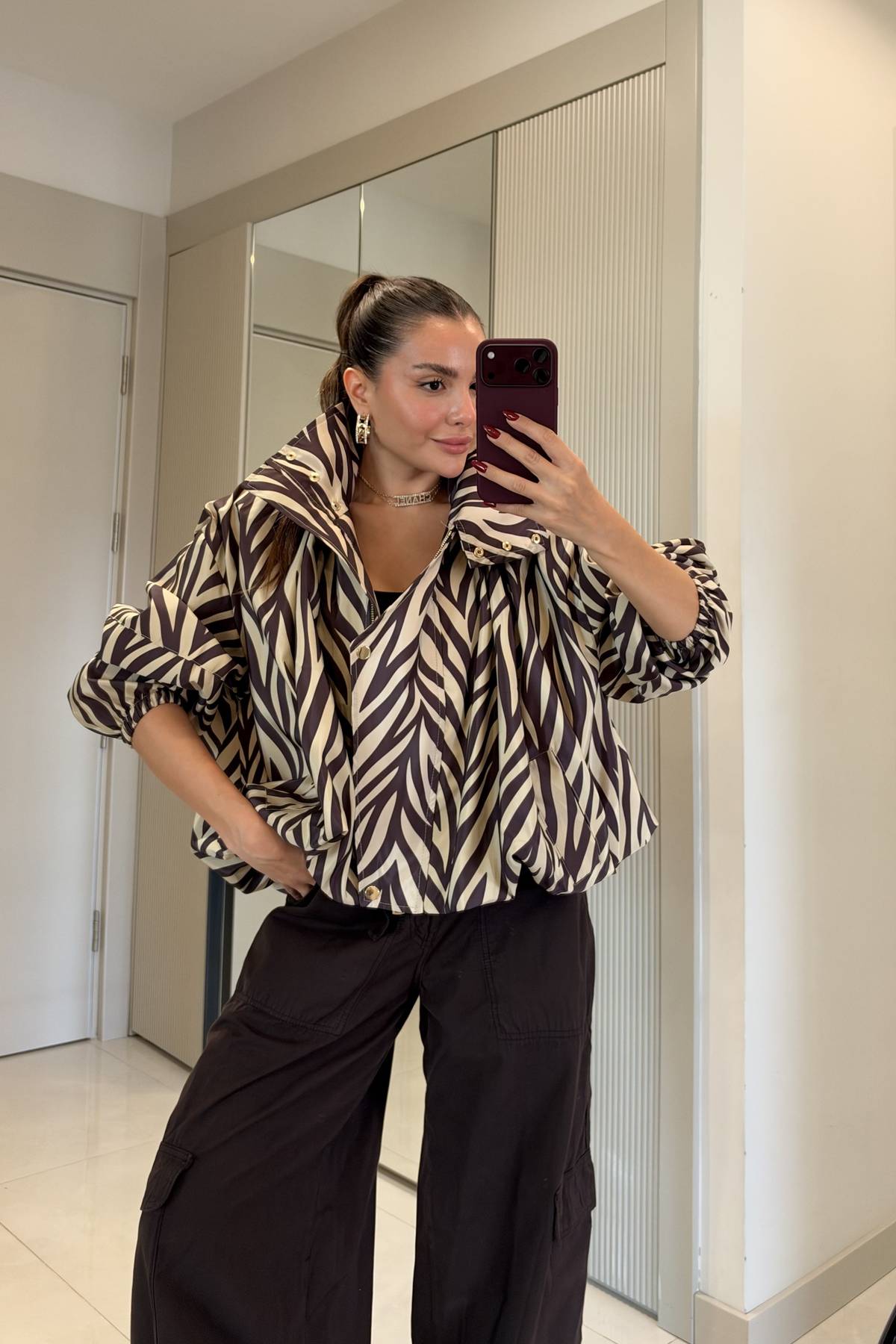 Laina Zebra Print Stand Collar Zip Jacket