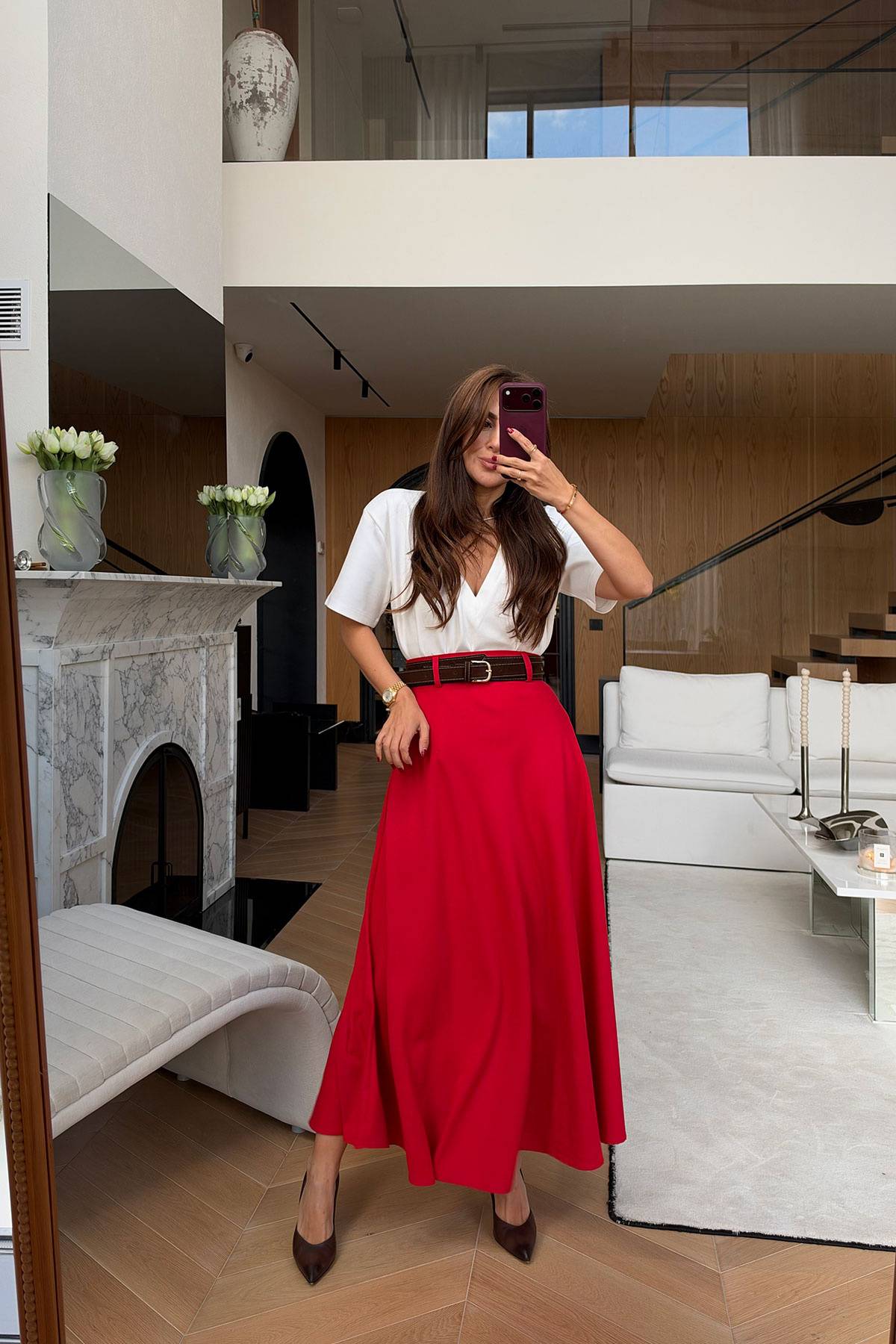 Suede Belt Maxi Basic Skirt