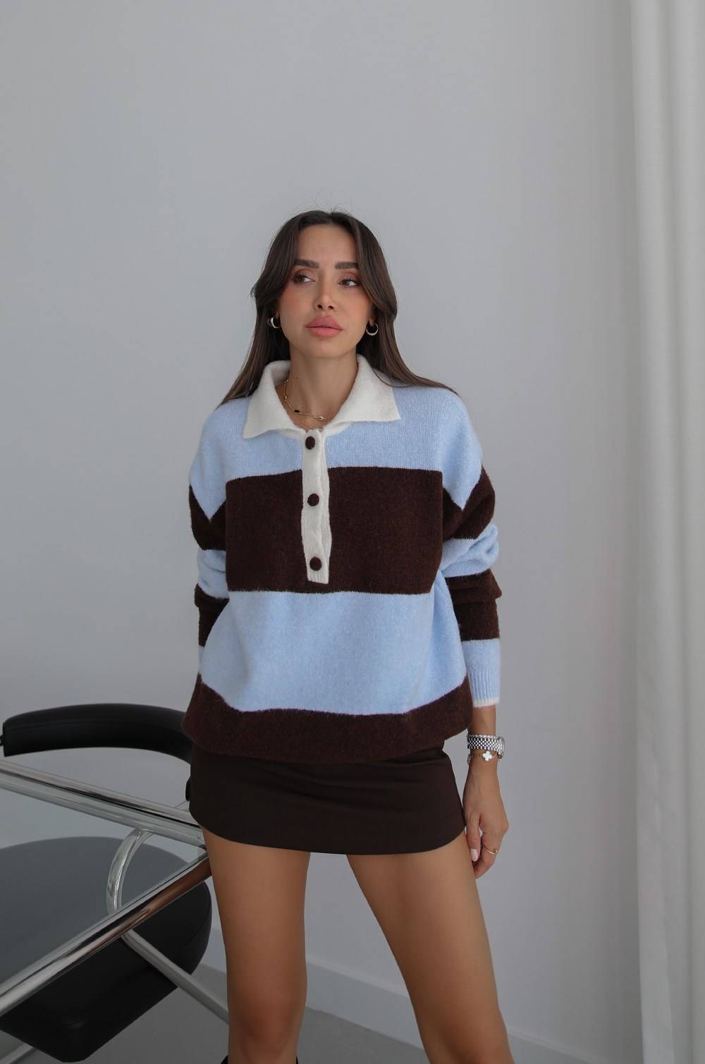 Blue Nora Striped Polo Collar Jumper — photograph 2