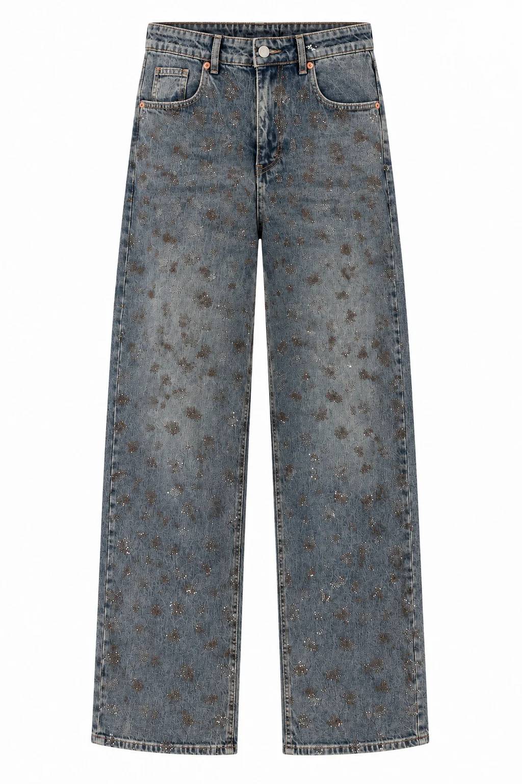 Leopard Crystal Embroidered Washed Straight Denim — photograph 2