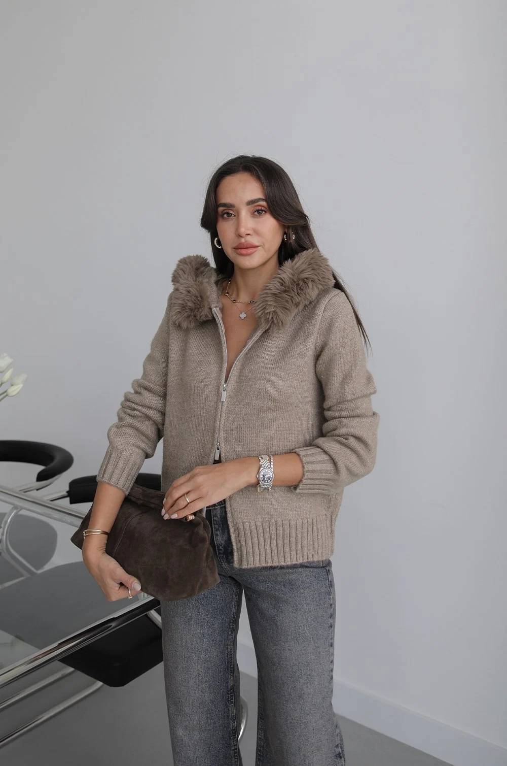 Hooded Fur Trim Cardigan — photograph 2