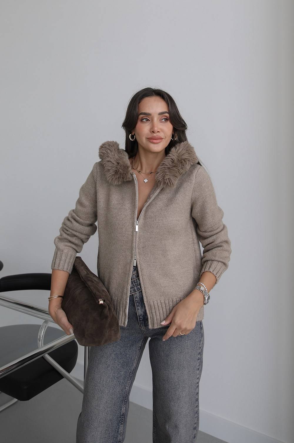 Hooded Fur Trim Cardigan — photograph 3