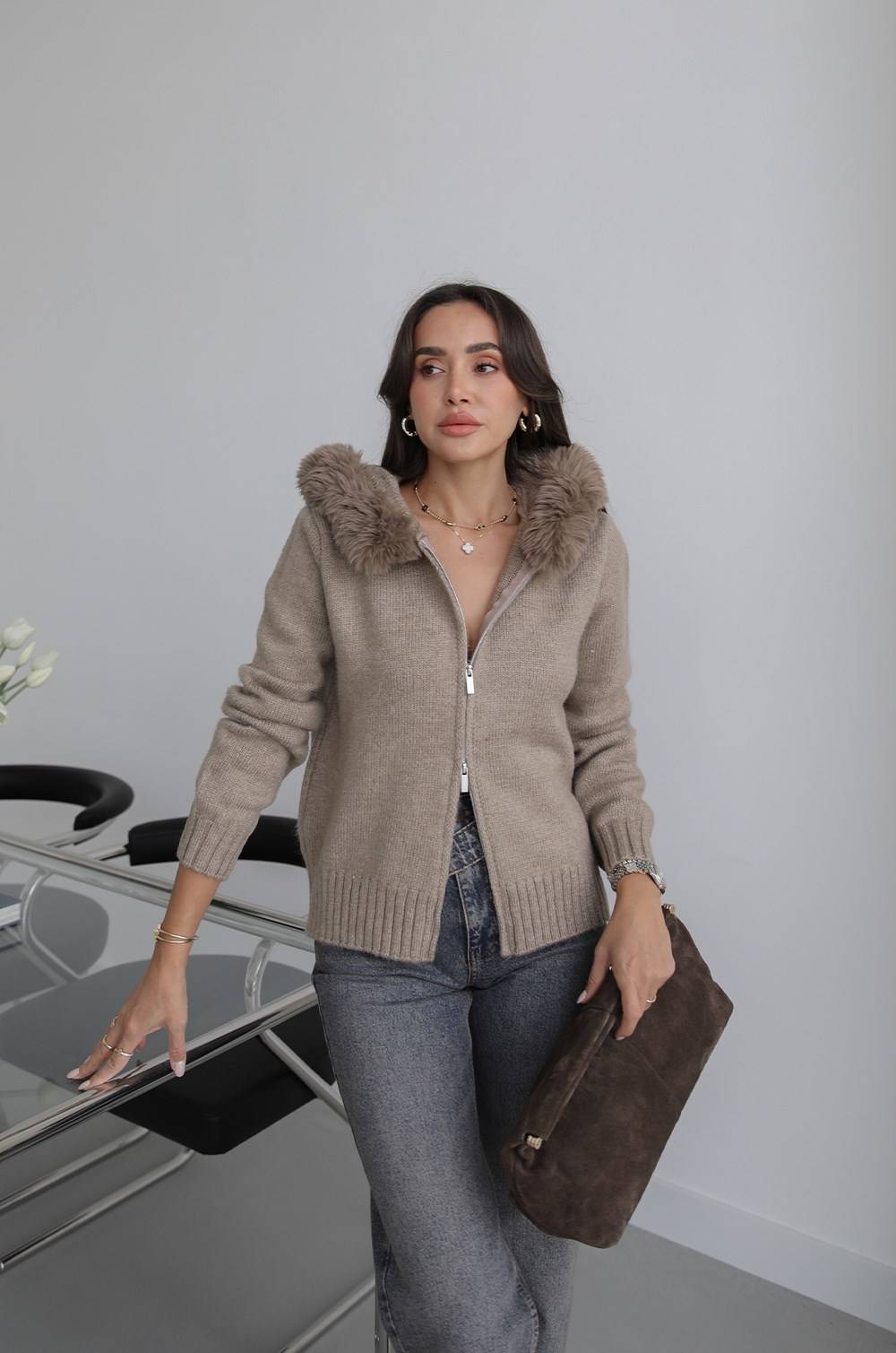 Hooded Fur Trim Cardigan — photograph 1