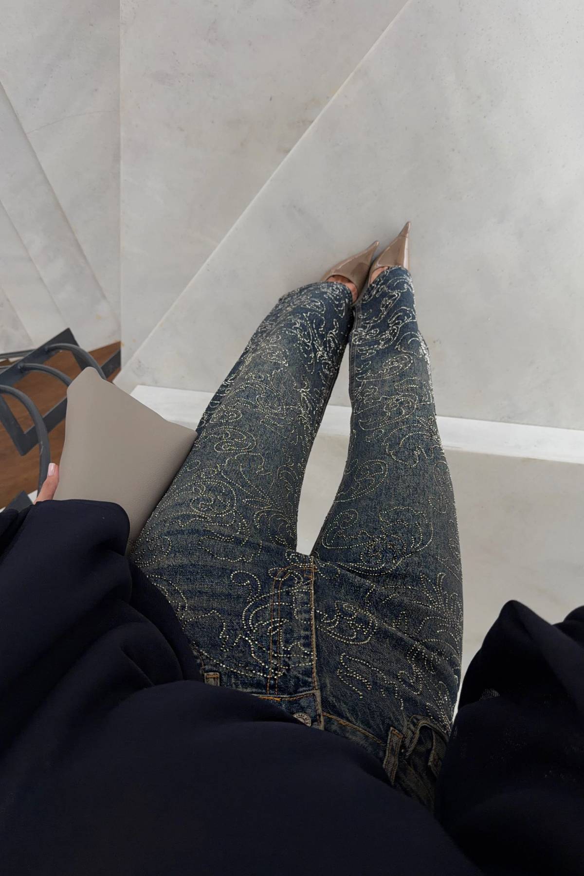 Shimmering Straight Leg Denim Trousers — photograph 4