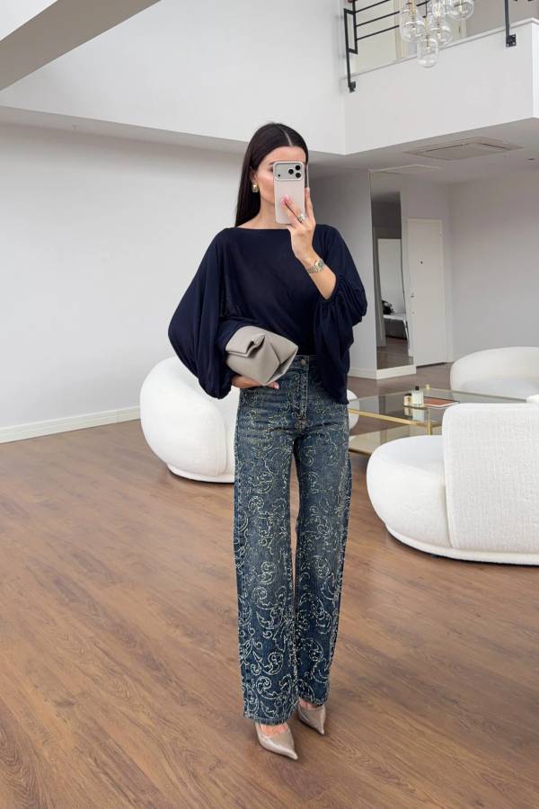 Shimmer Rhinestone Straight Leg Denim Trousers