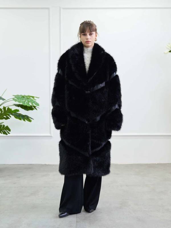 Long Leather Trim Fur Coat