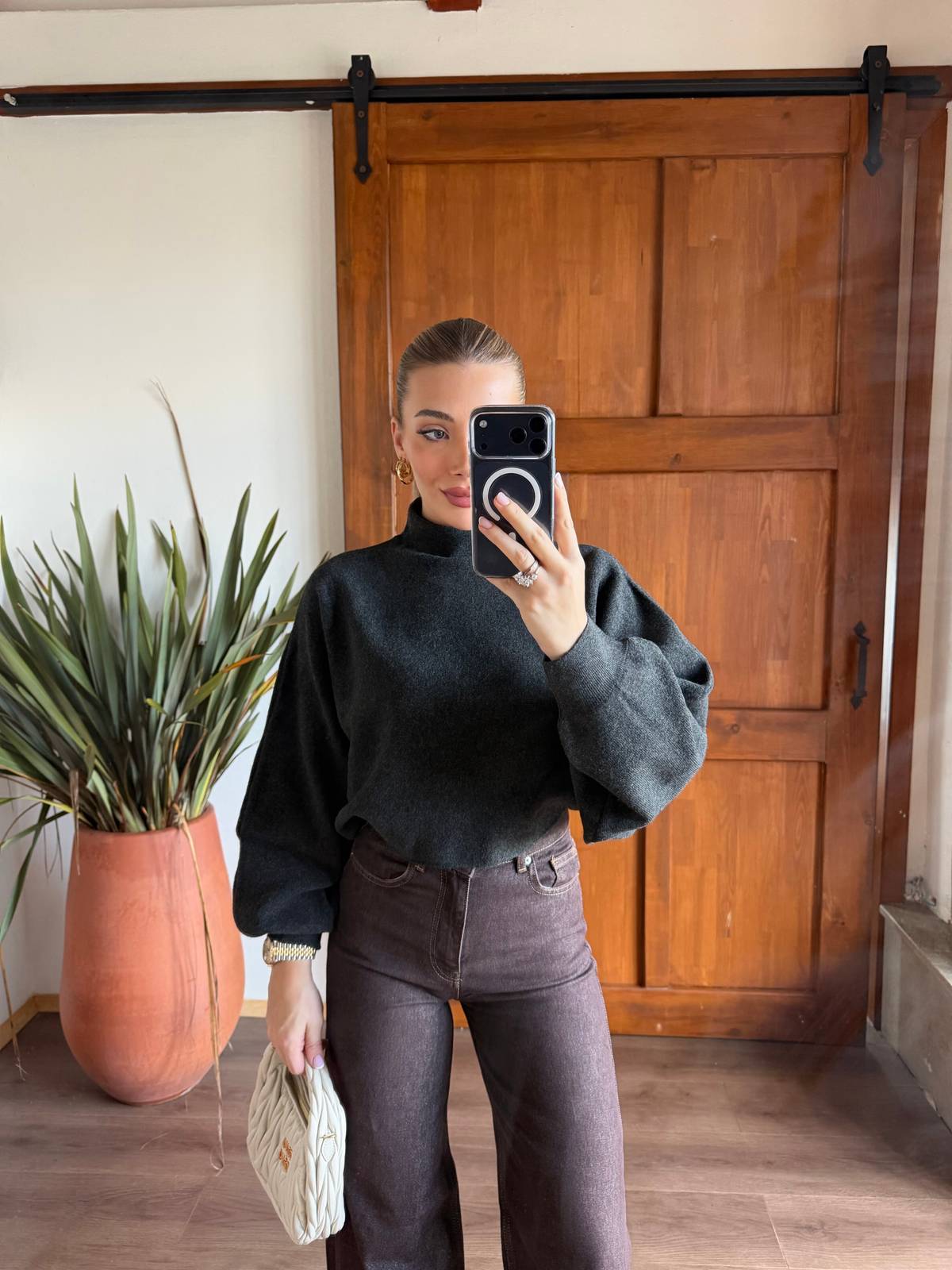 Wool Blend Stand Collar Batwing Sleeve Jumper