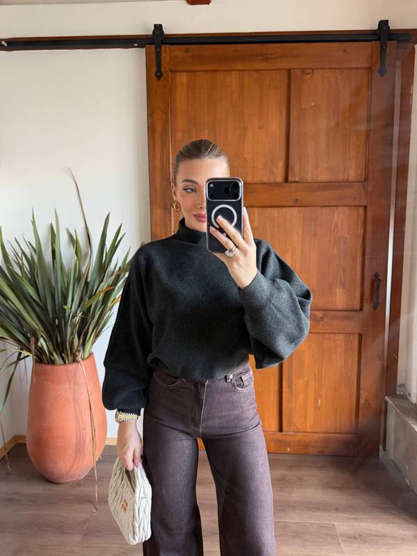 Wool Blend Stand Collar Batwing Sleeve Jumper