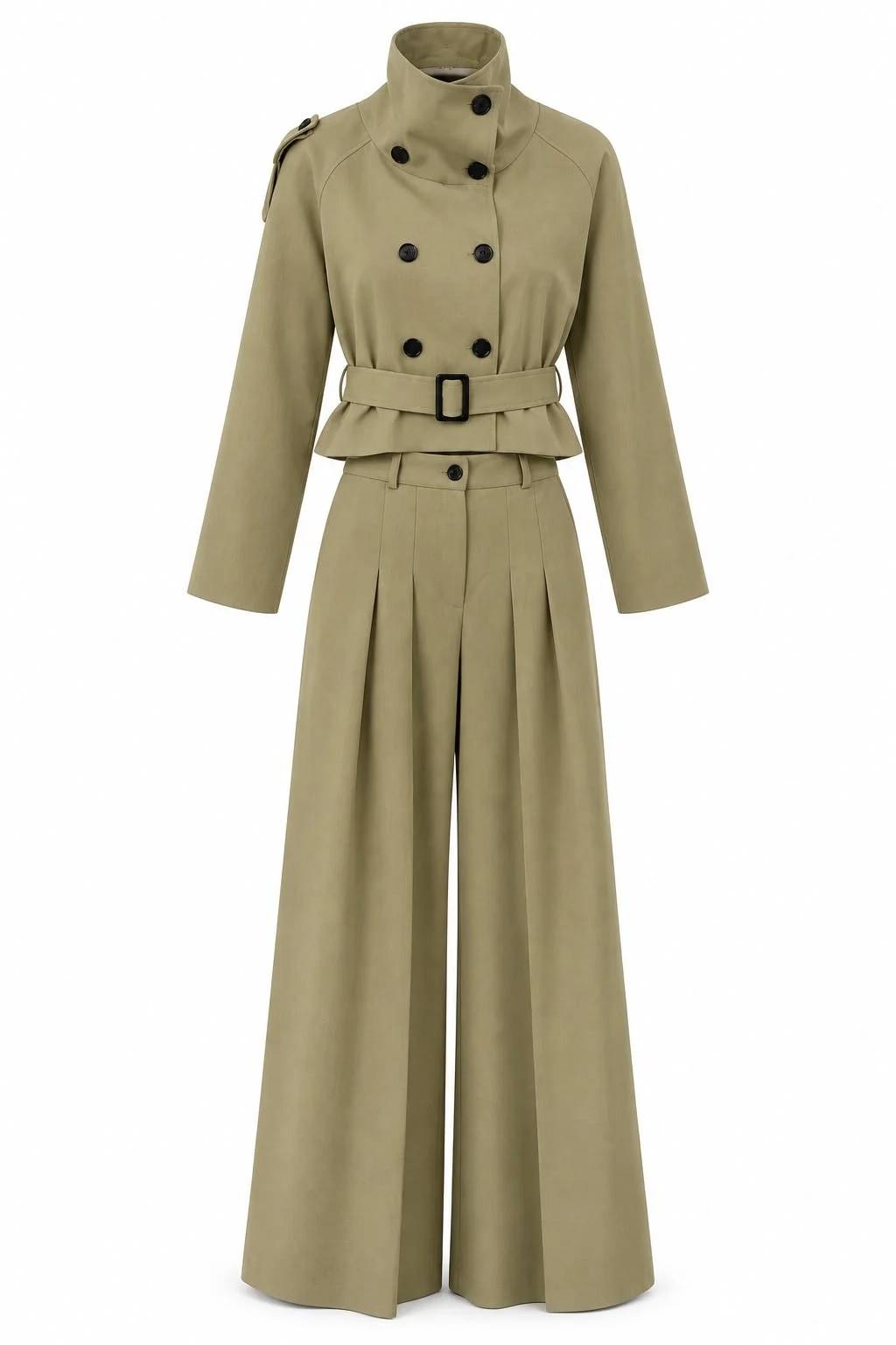Camel High Neck Sashed Trench Coat Trousers Two-Piece Set