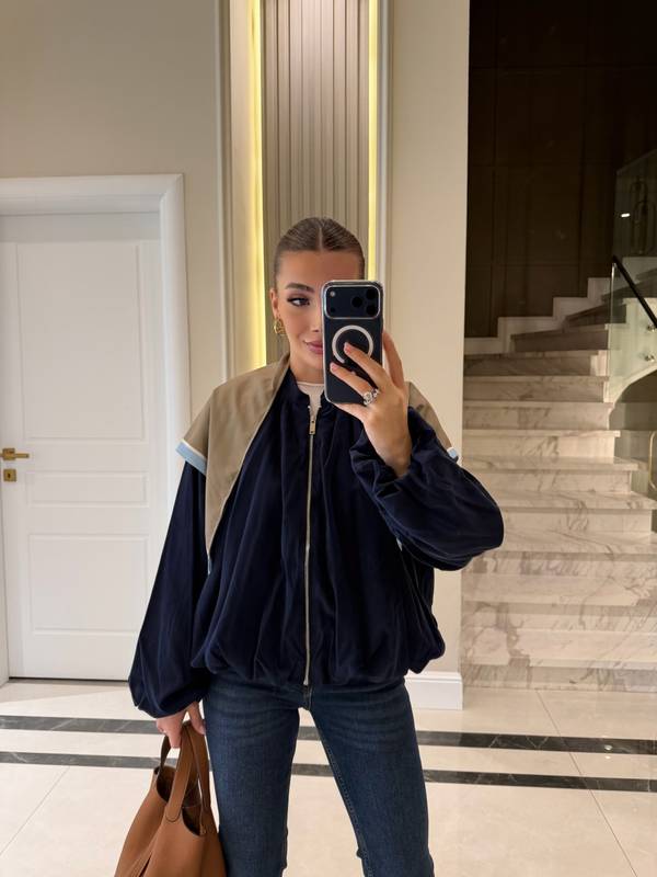 Navy Zip Balloon Sleeve Jacket