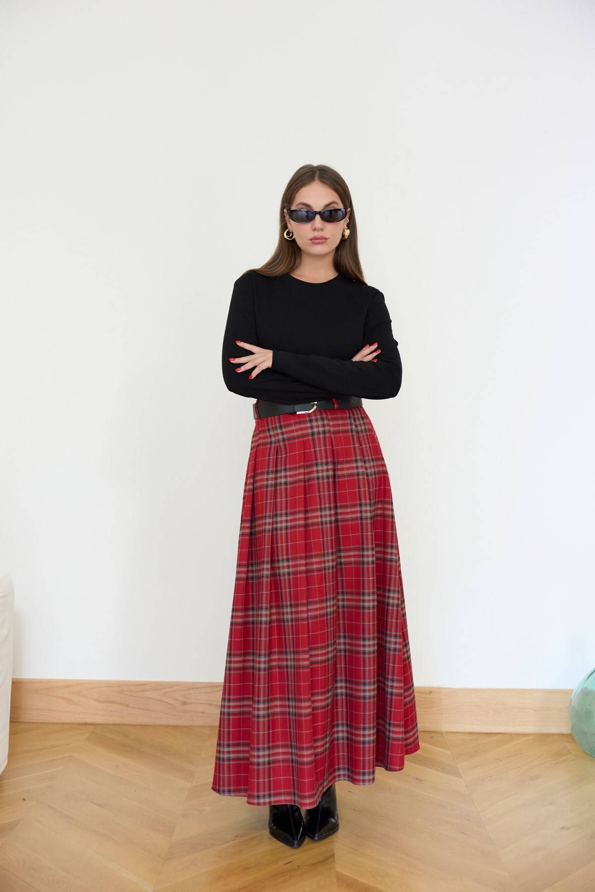 Belt Detail Checked Skirt