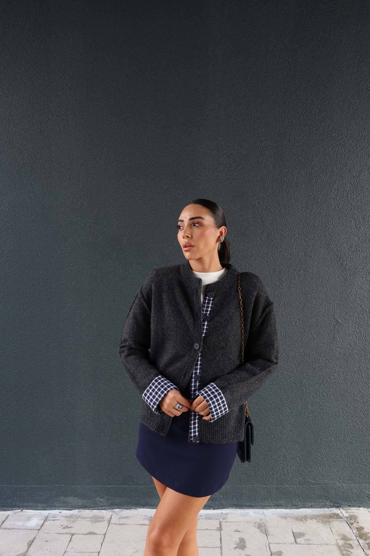 Plaid Panel Sleeve Wool Cardigan