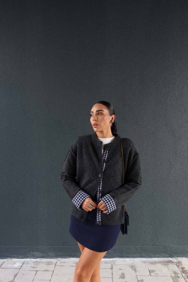 Plaid Panel Sleeve Wool Cardigan