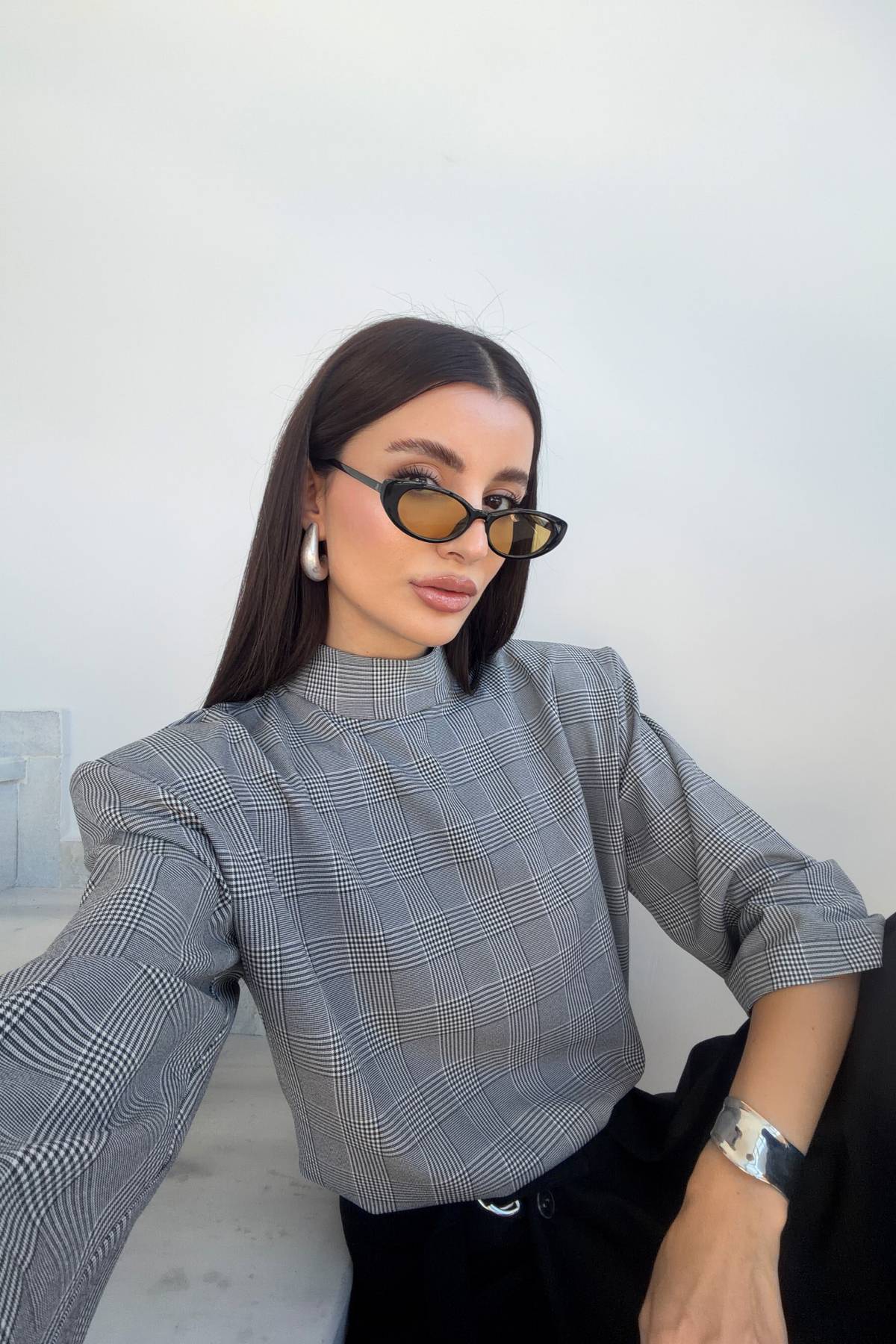 Shoulder Pad High Collar Plaid Blouse
