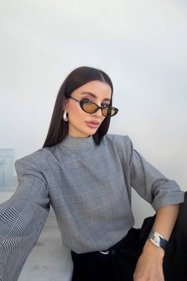 Shoulder Pad High Collar Plaid Blouse
