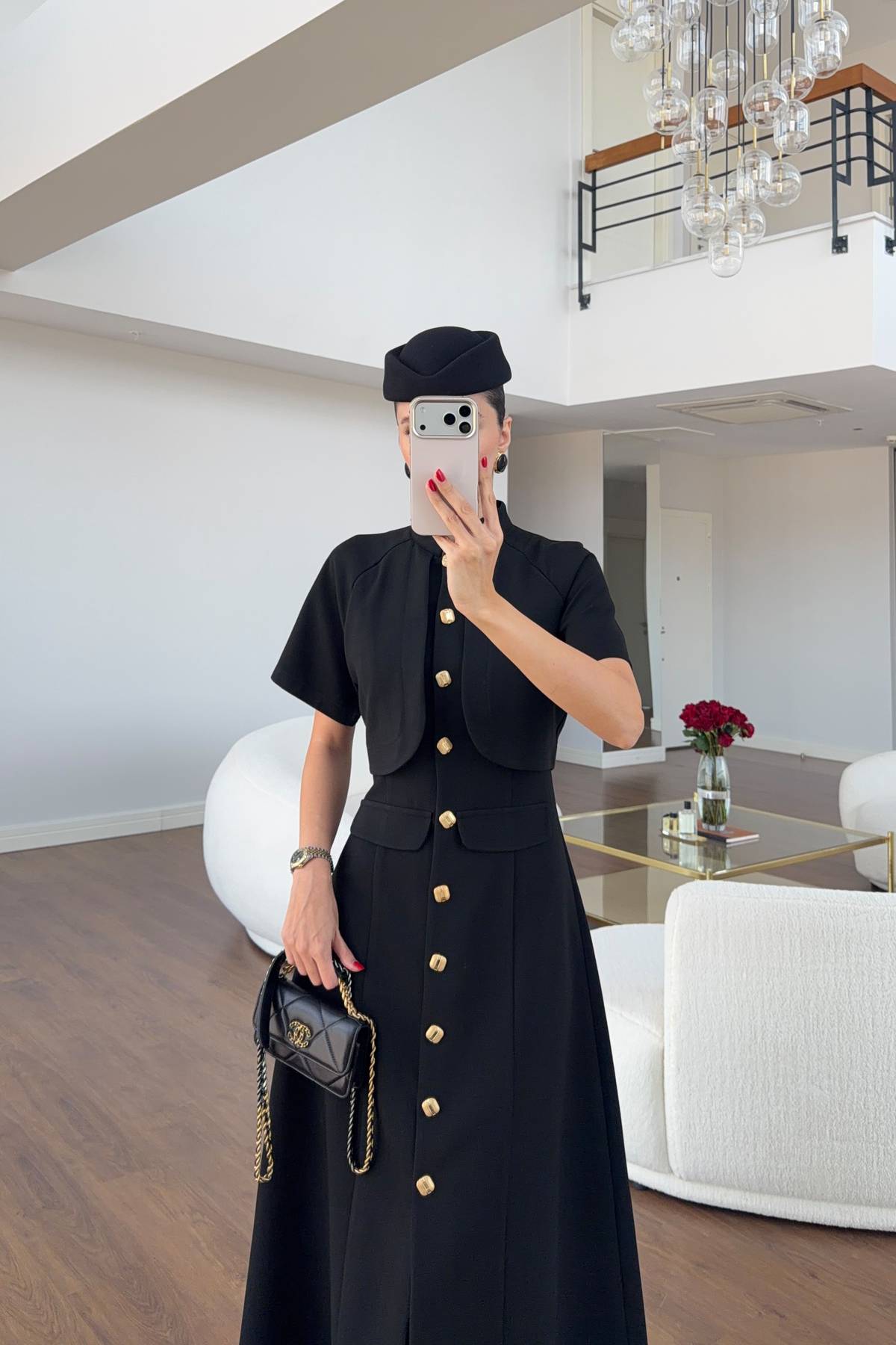 Gold Button Layered Dress
