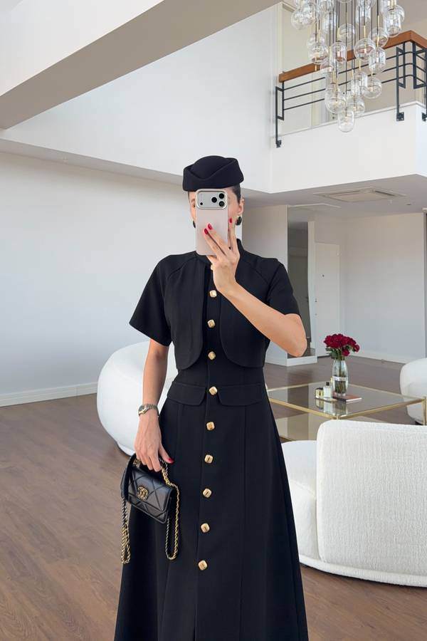 Gold Button Layered Dress