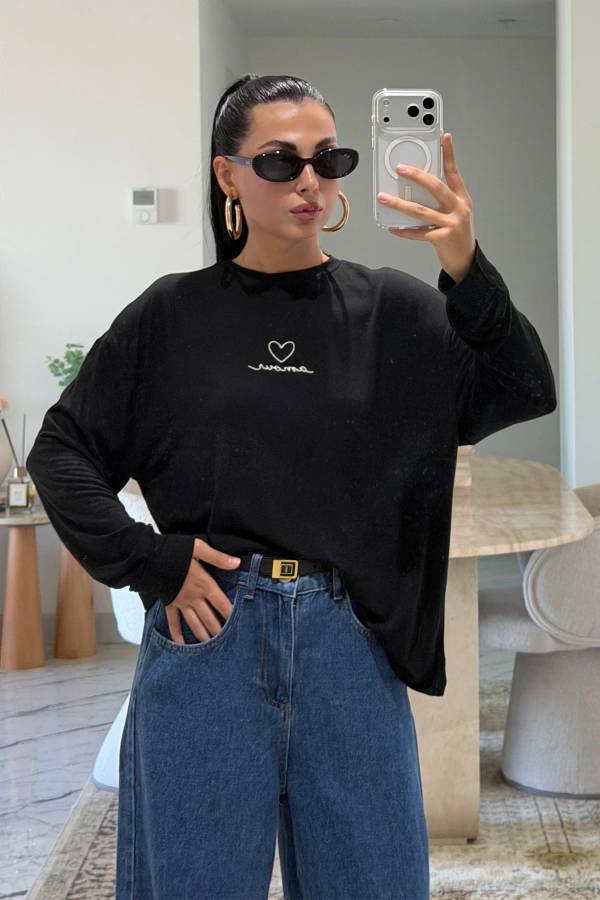 Black Amour Printed Oversized Long Sleeve T-Shirt